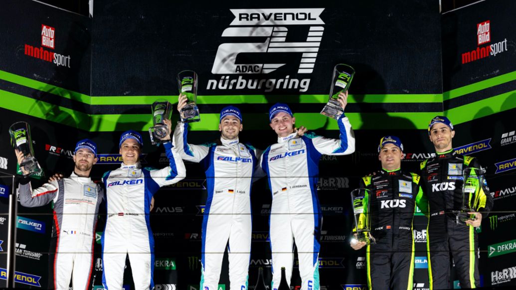 Julien Andlauer (F), Klaus Bachler (A), Falken Motorsports (#33); Sven M&uuml;ller (D), Tim Heinemann (D), Falken Motorsports (#44); Ayhancan G&uuml;ven (TR), Thomas Preining (A), Manthey EMA (#911), 24-hour race, N&uuml;rburgring, Germany, 2024, Porsche AG