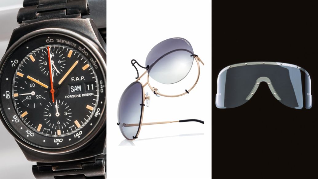 Chronograph I (1972), Sonnenbrille P&rsquo;8478 (1978), Sport Shield P&rsquo;8479 (1979), Porsche Design