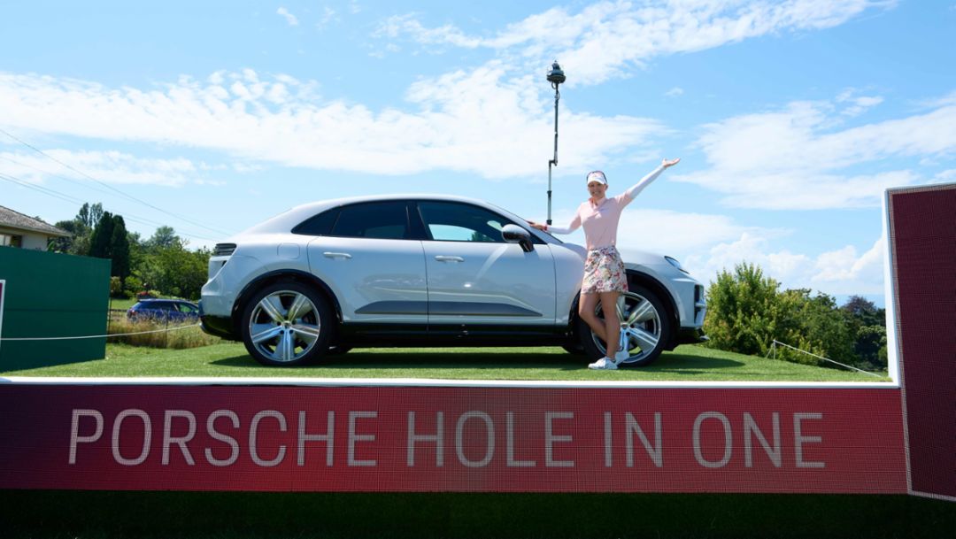 Jodi Ewart Shadoff hits a hole-in-one to win a Porsche Macan Turbo Electric