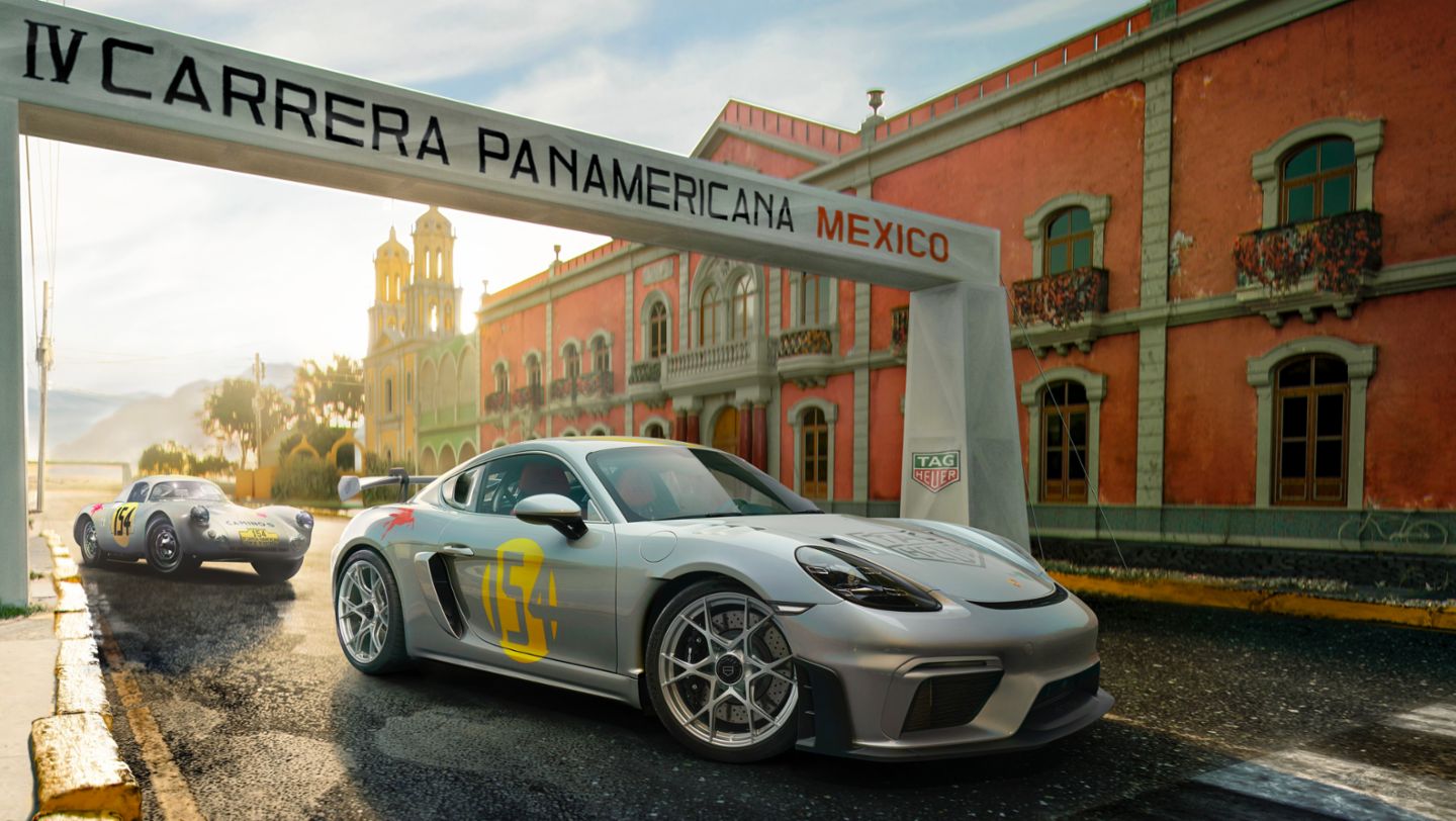 Porsche 718 Cayman GT4 RS Carrera Panamericana Special y el Porsche 550 Spyder Coupé, marcados con el número de competencia 152, 2023