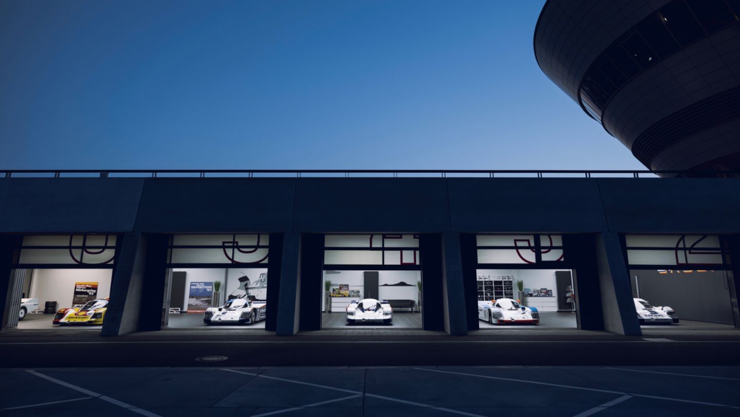 962-009 Shell Dunlop Design ST (1987), 962-006 LT (1987), 956-002 LT (1982), 962-015 Blaupunkt LT (1990), 956-005 ST (1983), l-r, 2022, Porsche AG