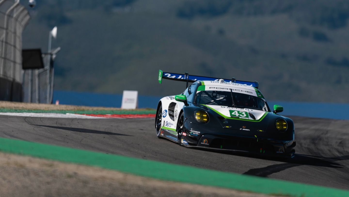 Porsche 911 GT3 R, Andretti Motorsports (#43), Jarett Andretti (USA), Gabby Chaves (COL), Laguna Seca, 2024, Porsche AG