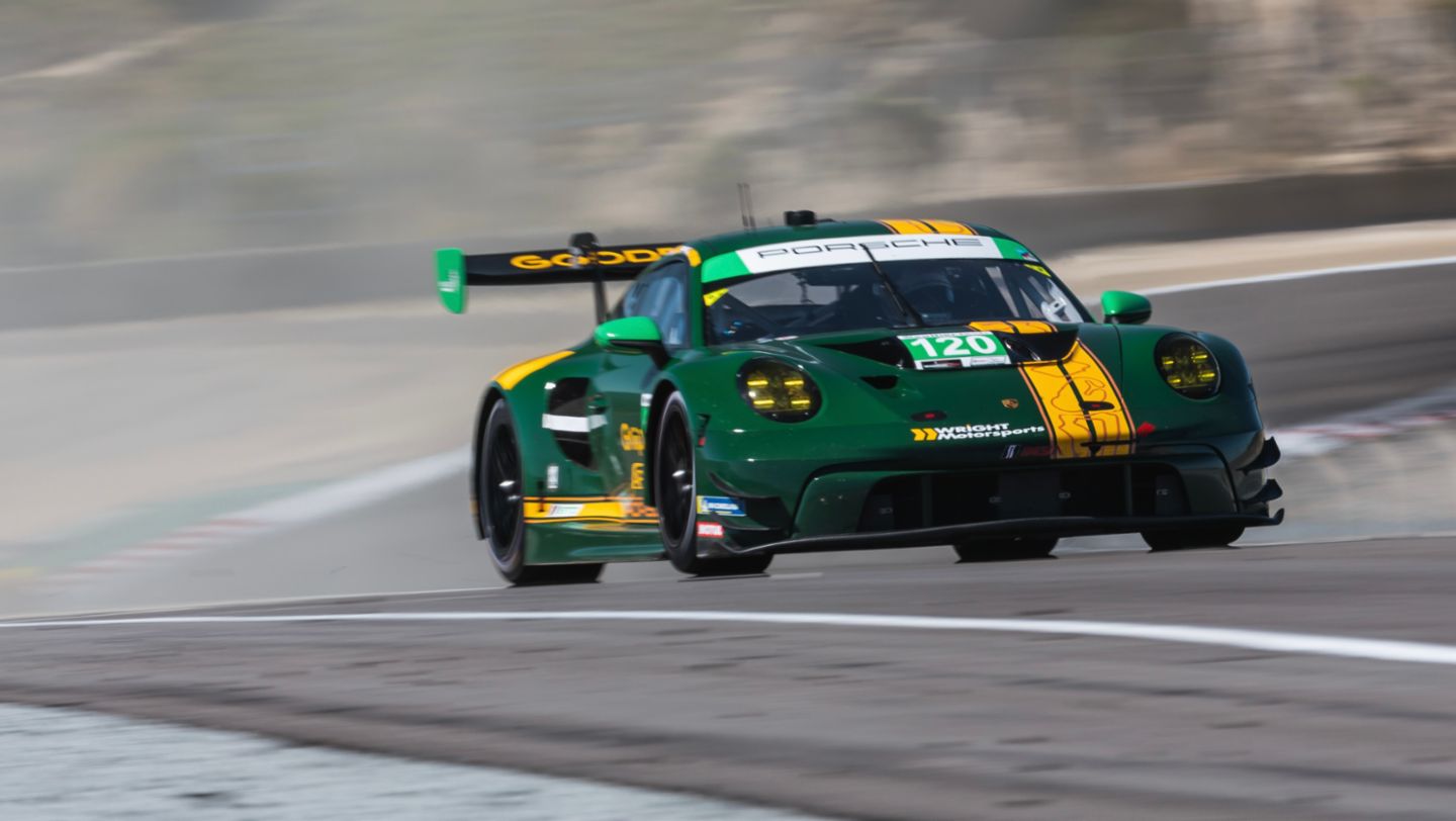 Porsche 911 GT3 R, Wright Motorsports (#120), Adam Adelson (USA), Elliott Skeer (USA), Laguna Seca, 2024, Porsche AG