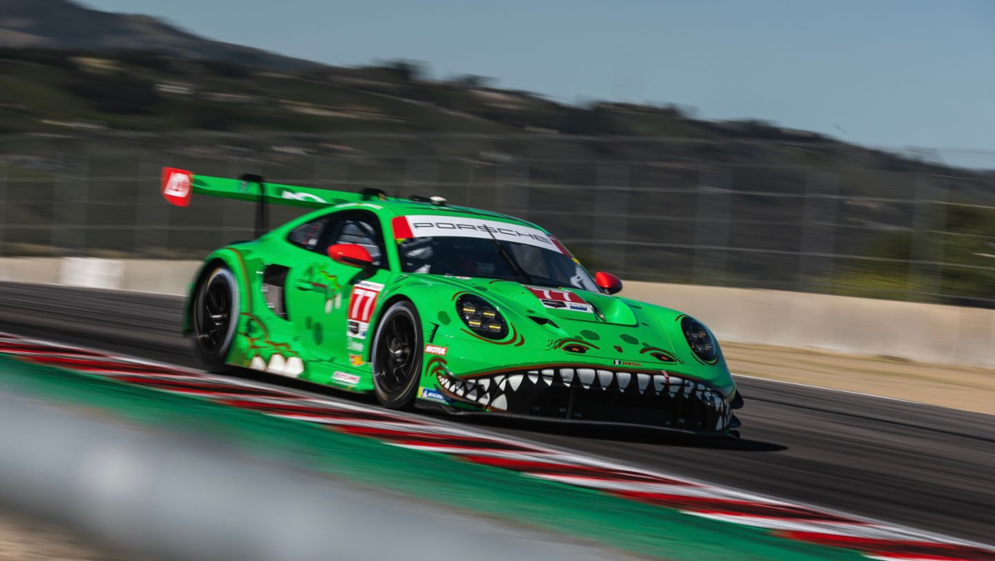 Porsche 911 GT3 R, AO Racing (#77), Laurin Heinrich (D), Sebastian Priaulx (UK), Laguna Seca, 2024, Porsche AG