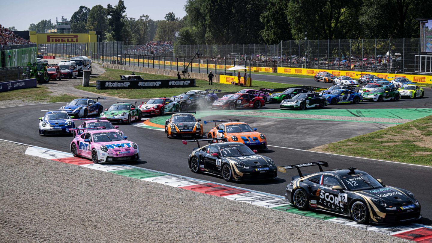 Larry ten Voorde (NL), Schumacher CLRT (#12), Porsche-Junior Alessandro Ghiretti (F), Schumacher CLRT (#11), Robert de Haan (NL), BWT Lechner Racing (#2), Keagan Masters (ZA), Ombra (#18), Porsche 911 GT3 Cup, Porsche Mobil 1 Supercup, Monza, Rennen, 2024, Porsche AG