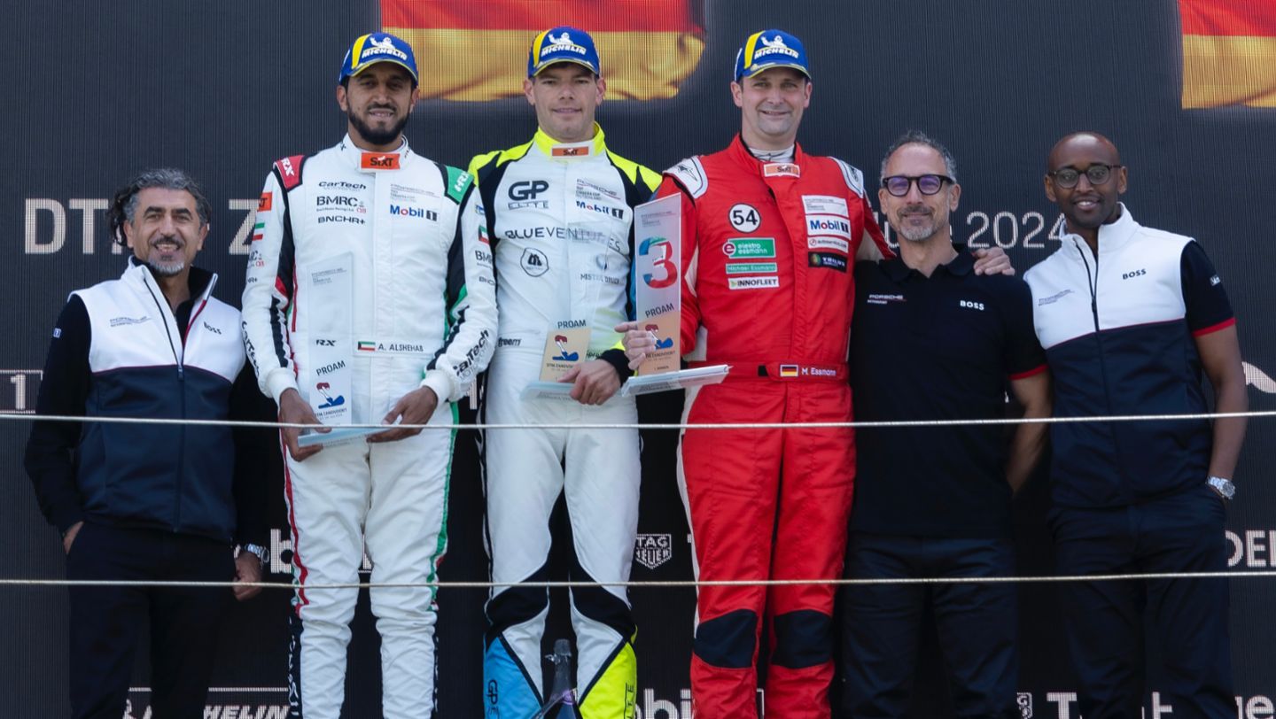 Alireza Gordi, (Vice President Area South Porsche Deutschland), Ahmad Alshehab (KWT), CarTech Motorsport (#84), Sören Spreng (D), GP Elite (#5), Michael Essmann (D), CarTech Motorsport (#54), Thomas Illner, (Operations Lead – COO Porsche Deutschland), Hurui Issak (Projekt Manager Porsche Sixt Carrera Cup Deutschland), Porsche Sixt Carrera Cup, Zandvoort, Netherlands, 2024, Porsche AG