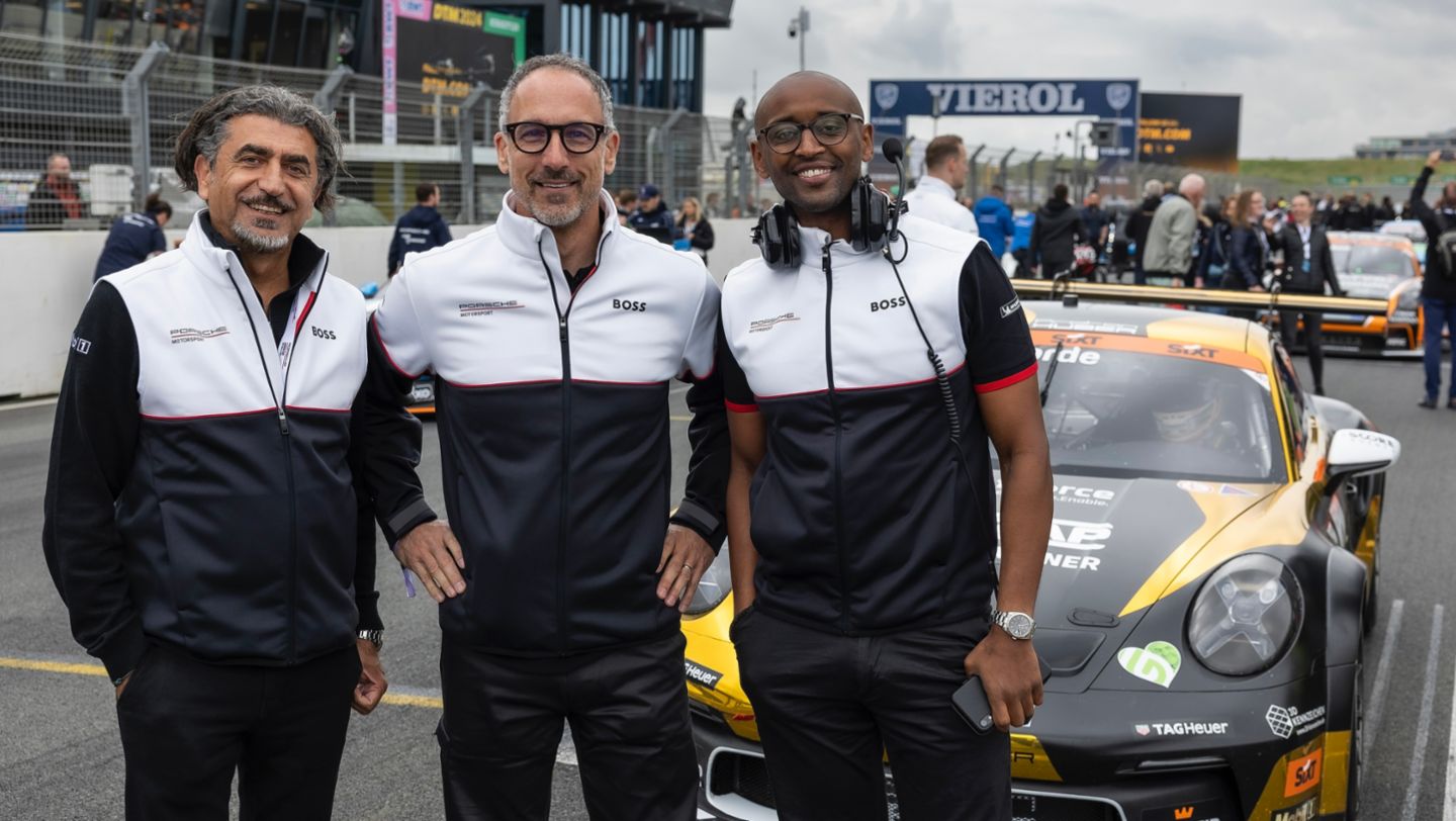 Alireza Gordi, (Vice President Area South Porsche Deutschland), Thomas Illner, (Operations Lead – COO Porsche Deutschland), Hurui Issak (Projekt Manager Porsche Sixt Carrera Cup Deutschland), Porsche Sixt Carrera Cup, Zandvoort, Netherlands, 2024, Porsche AG