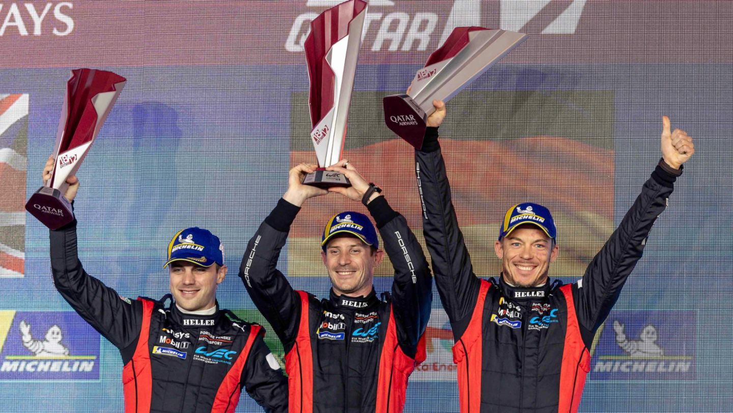 Laurens Vanthoor (B), Kevin Estre (F), Andre Lotterer (D) (l-r), Porsche Penske Motorsport, Qatar, 2024, Porsche AG