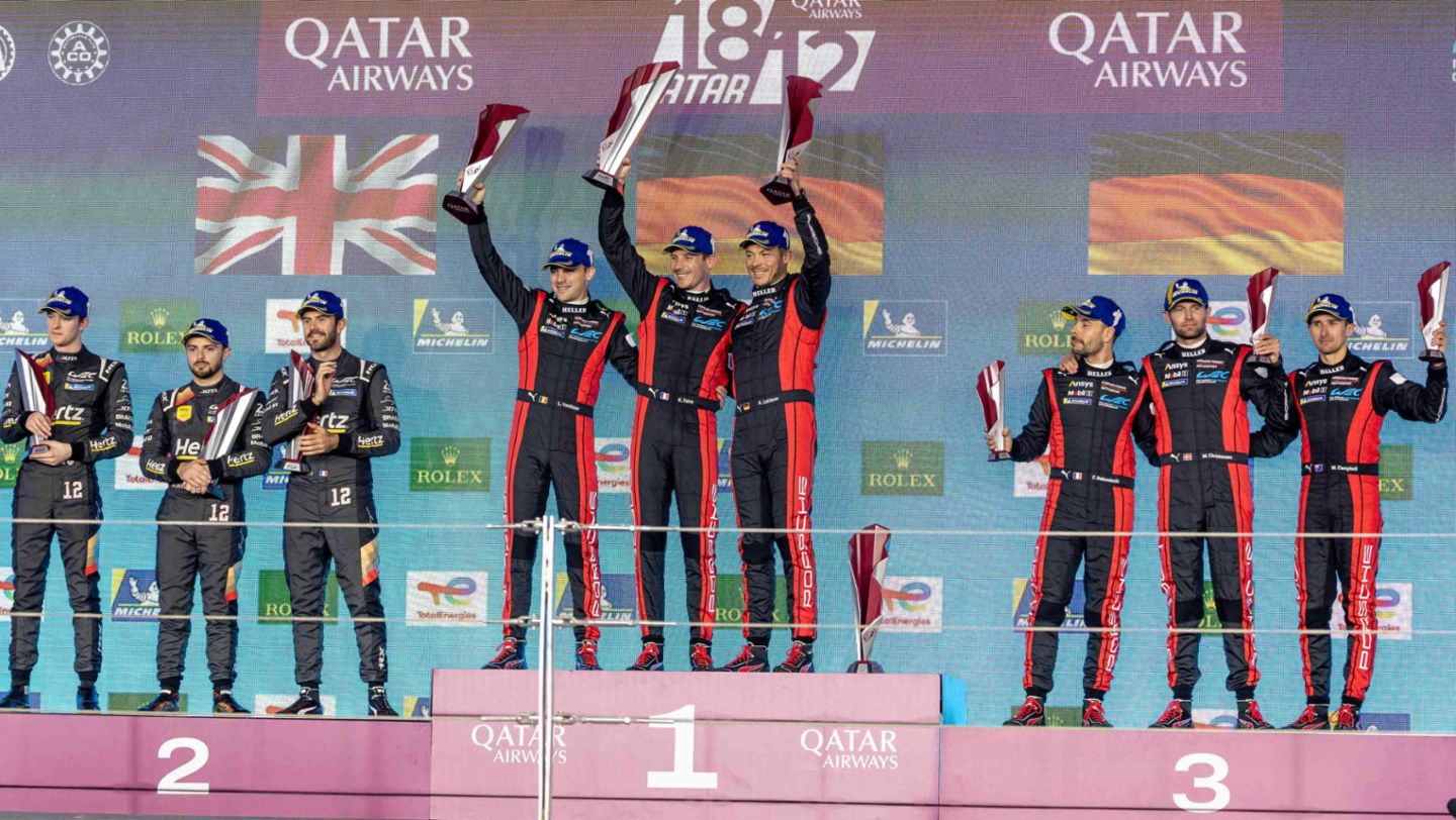 Callum Ilott (UK), Will Stevens (UK), Norman Nato (F), Hertz Team Jota - Laurens Vanthoor (B), Kevin Estre (F), Andre Lotterer (D), Porsche Penske Motorsport - Frederic Makowiecki (F), Michael Christensen (DK), Matt Campbell (AUS), Porsche Penske Motorsport (l-r), Qatar, 2024, Porsche AG