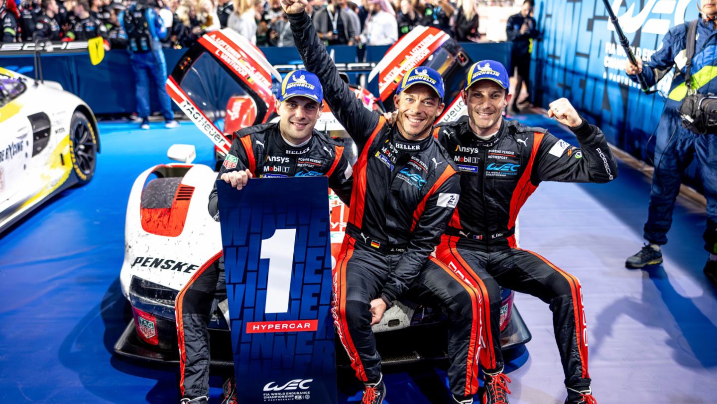 Porsche 963, Porsche Penske Motorsport (#6), Kevin Estre (F), Andre Lotterer (D), Laurens Vanthoor (B) (l-r), Qatar, 2024, Porsche AG