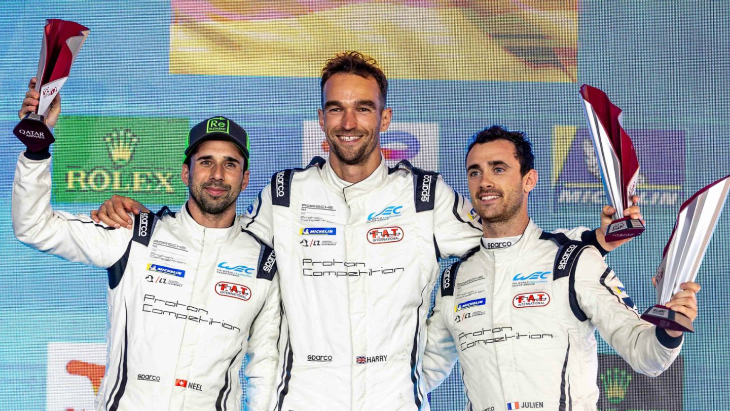 Neel Jani (CH), Harry Tincknell (UK), Julien Andlauer (F) (l-r), Proton Competition, Qatar, 2024, Porsche AG