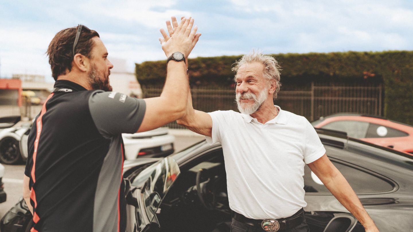 Andreas Mayrl, instructor, Andreas Frohn, participant (l-r), 911 GT3 RS, Porsche Track Experience, Le Castellet, France, 2024, Porsche AG
